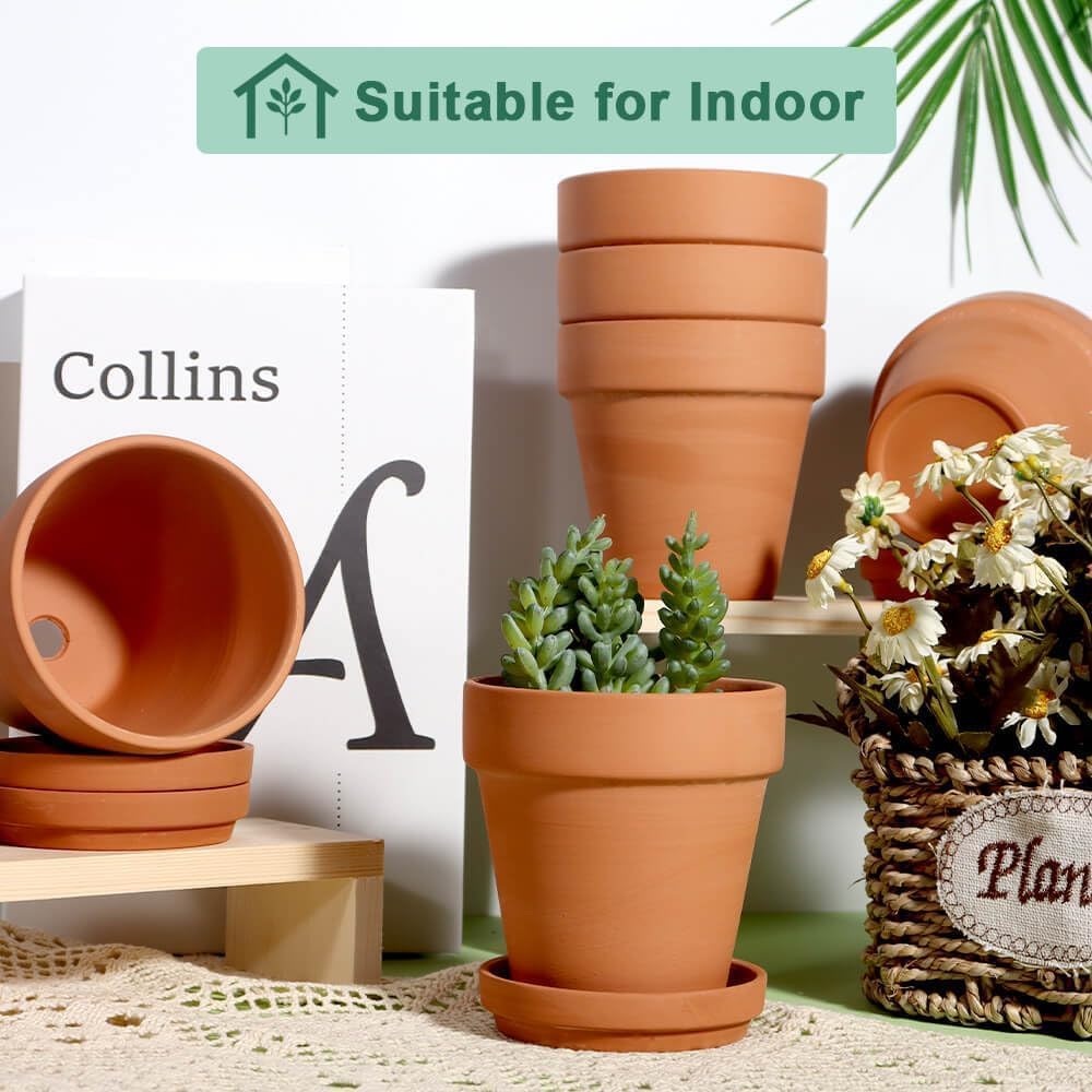 4 Inch Terra Cotta Pots with Saucer - 6 Pack Clay Flower Pots with Drainage, Great for Plants, Crafts, Wedding Favor (4 inch)