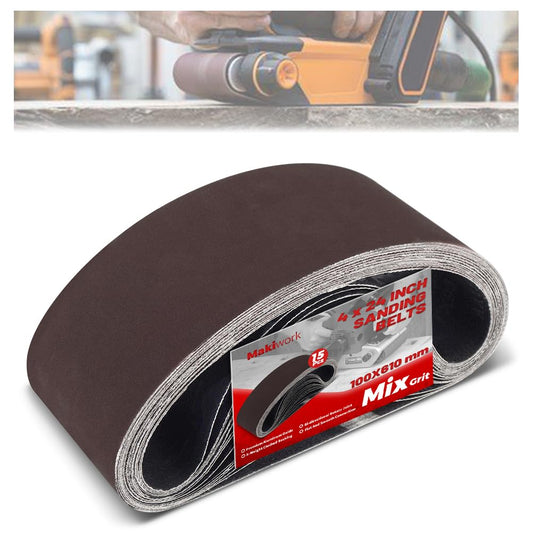 4 x 24 Inch 100 x 610 mm Sanding Belts Set - 15-Pack with 80/120/150/240/400 Grits, Aluminum Oxide Abrasive Belts for Woodworking