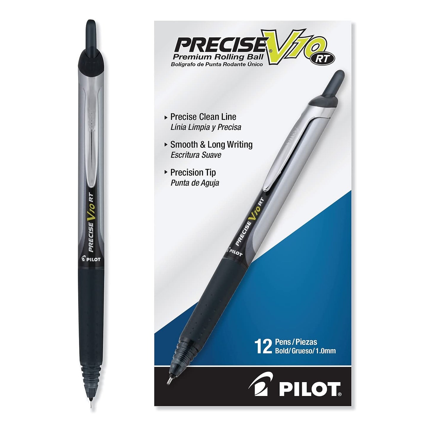 Pilot, Precise V10 RT Refillable & Retractable Rolling Ball Pens, Bold Point 1 mm, Blue, Pack of 12