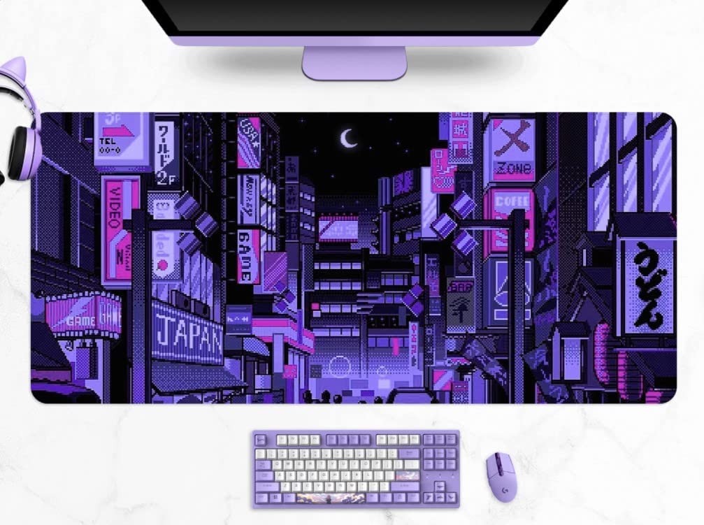 DESIGNFULLPRINT Dark Purple Japanese Anime Retro Vaporwave Mouse Mat Computer Pad for Lap Desk Mat Anime Mouse Pad Kawaii Large Gaming Pad for Mouse and Keyboard QDH