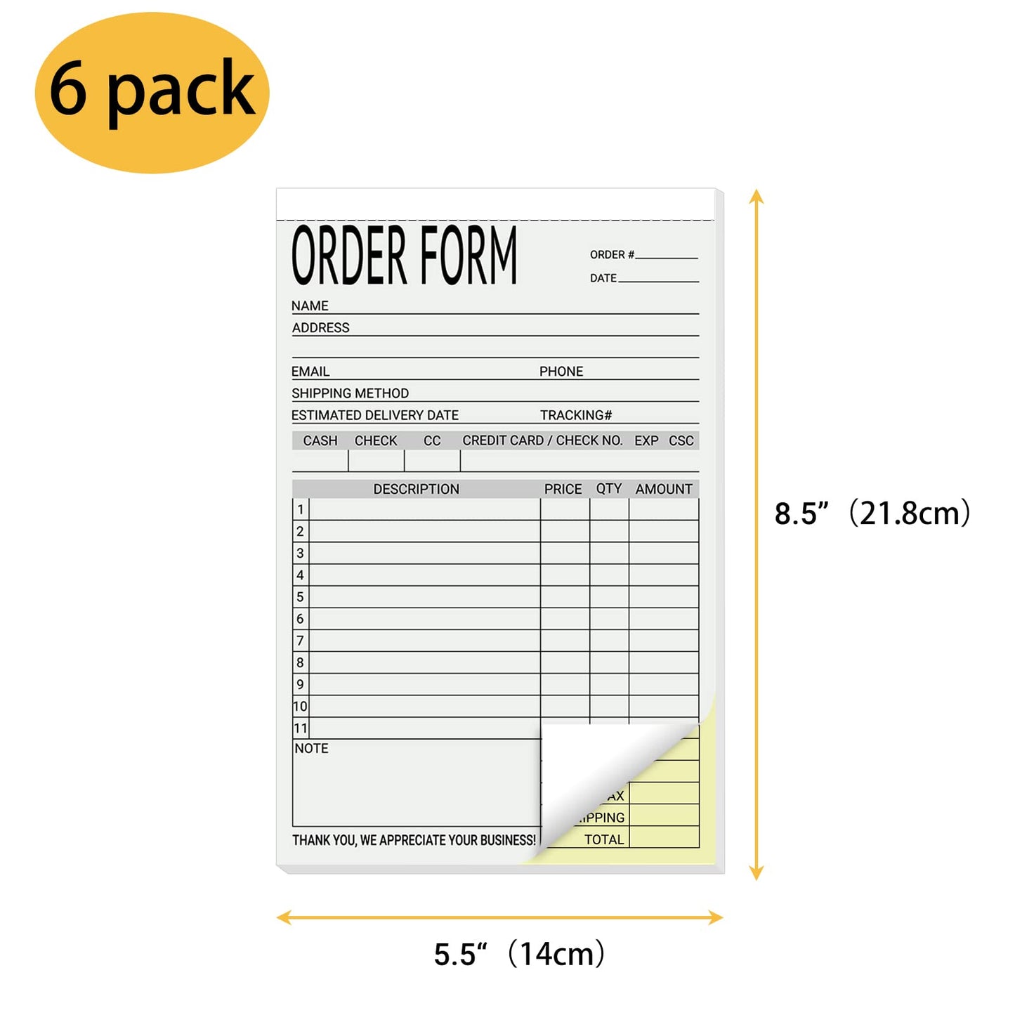 suituts 6 Pack Sales Order Books Work Order Form Pads, 2 Part Carbonless, 5.5 x 8.5 Inch Invoice Receipt Book for Business(50 Sets Per Book)