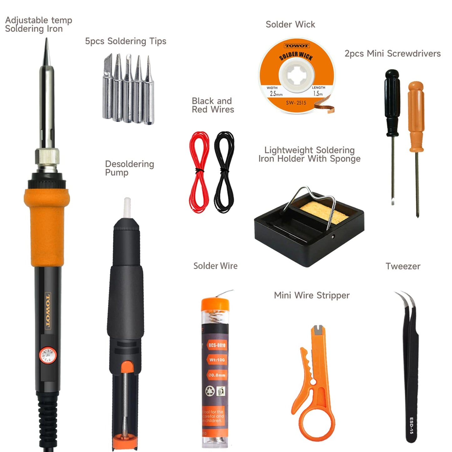 TOWOT Soldering Iron Kit, Electronic Soldering Iron 60W Adjustable Temperature, Desoldering Pump, Tin Wire