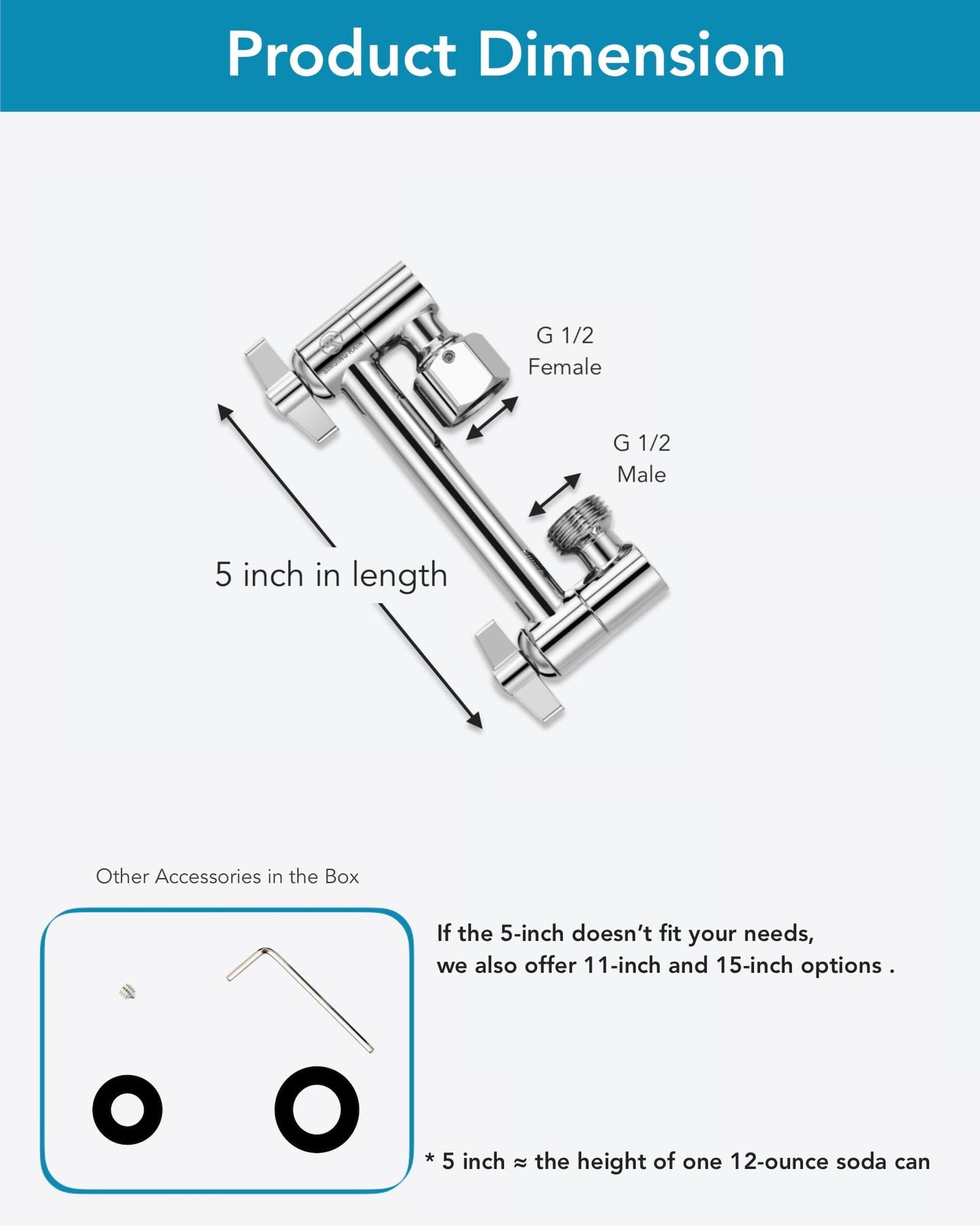 5 Inch Brass Adjustable Shower Head Extension Arm, with Locking Set Screw, Singing Rain Brass Chrome Angle Height Adjustable, Easy to Install, G1/2 Universal Connector Compatible (Chrome Finish)