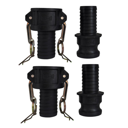 Camlock Fittings 1-1/2 Inch Type C & E Polypropylene Cam and Groove Hose Fitting Kit with 1-1/2" Female & Male Camlock x 1-1/2" Hose Shank (Hose Barb), Cam and Groove Hose Couplings (2 Sets/ 4 Pcs)