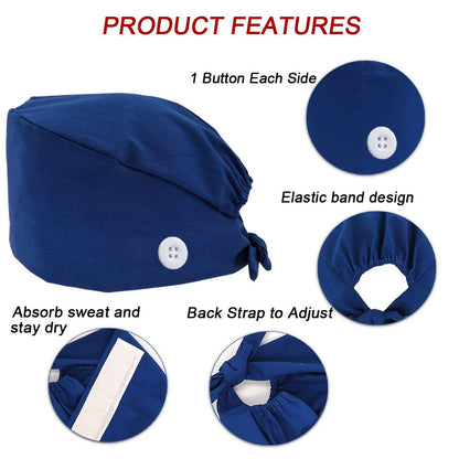 ATHPIK 3pcs Scrub Caps Solid Working Surgical Cap Nurse Hats with Buttons and Sweatband Adjustable Tie Back Hat for Women Men Medical