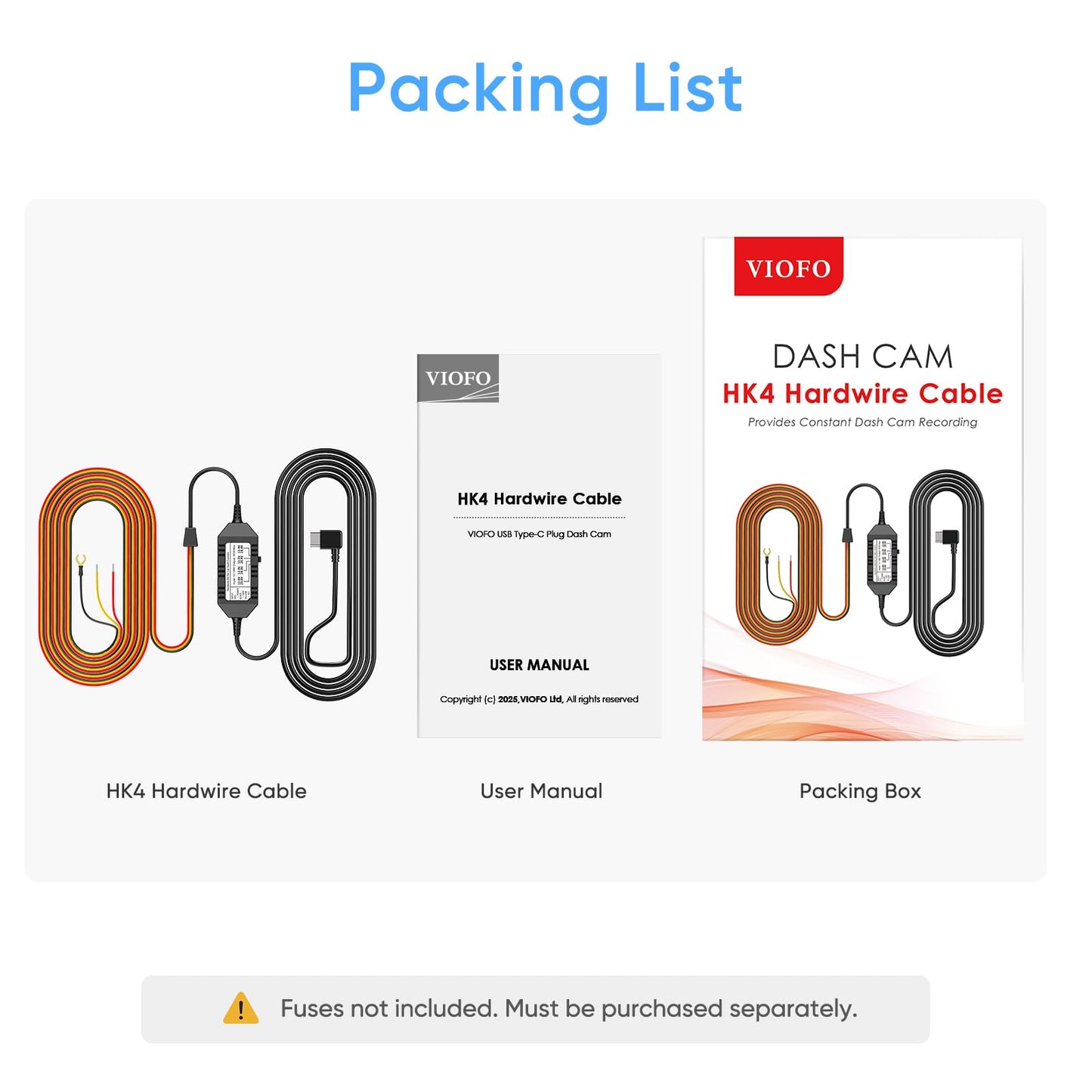 VIOFO HK4 Acc Hardwire Cable, USB-C Hard Wire Cable for A329 series/A229 series/A119Mini2/A139Pro/WM1/T130 Dash Cam, Low Voltage Protection for Parking Mode (Fuse Tap Not Included)