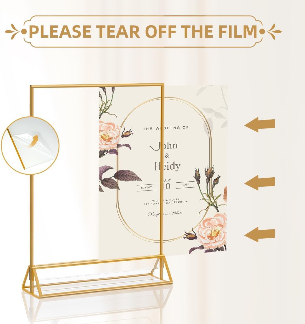 Sign Holders, 6 Pack 5"*7" Acrylic Display Stand for Christmas Party Wedding Table Number, Golden Double Sided Menu Holder, Photo Holder, Clear Picture Frame Flyer Holder For Office Business Store