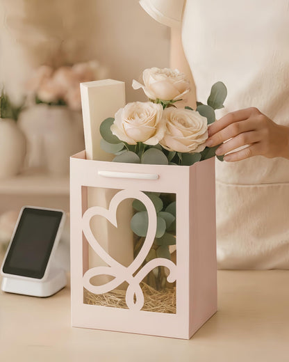VAGREEZ Gift Bags with Window and Handles 15 Pack | Reusable, Transparent Heart Cutout Design, Medium Size, Bulk, Elegant Paper Gift Bags | Ideal for Party Favors, Wedding, Bridal Shower, Valentine’s Day, Mother's Day, Birthday And Special Occasions | Pin