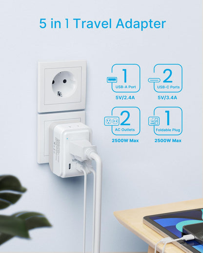 2 Pack European Travel Plug Adapter, VINTAR Foldable International Power Plug with 2 AC Outlets 3 USB Ports(2 USB C), Type C Travel Essentials Charger for Canada to Most of Europe Italy Spain France