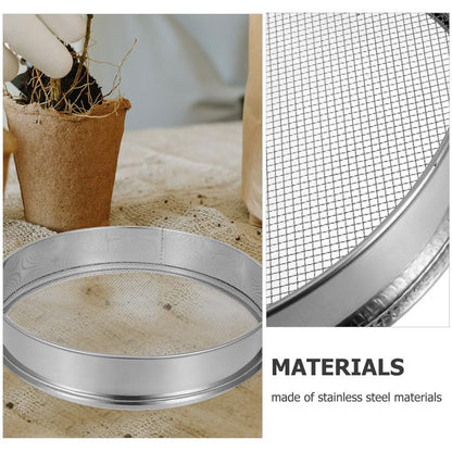 Veemoon Stainless Steel Garden Soil Sieve. Soil Classifier Sifter Round Planter Sand Screen Pan - 2mm Mesh Sifter Pan for Potting Compost and Sand Rock Sifting Filtration (9.8 Inch)
