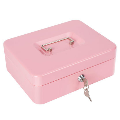 Cash Box with Lock and Money Tray Metal Money Box for Cash Lock Box for Money Safe 9.84" x 7.87" x 3.54" Large Pink
