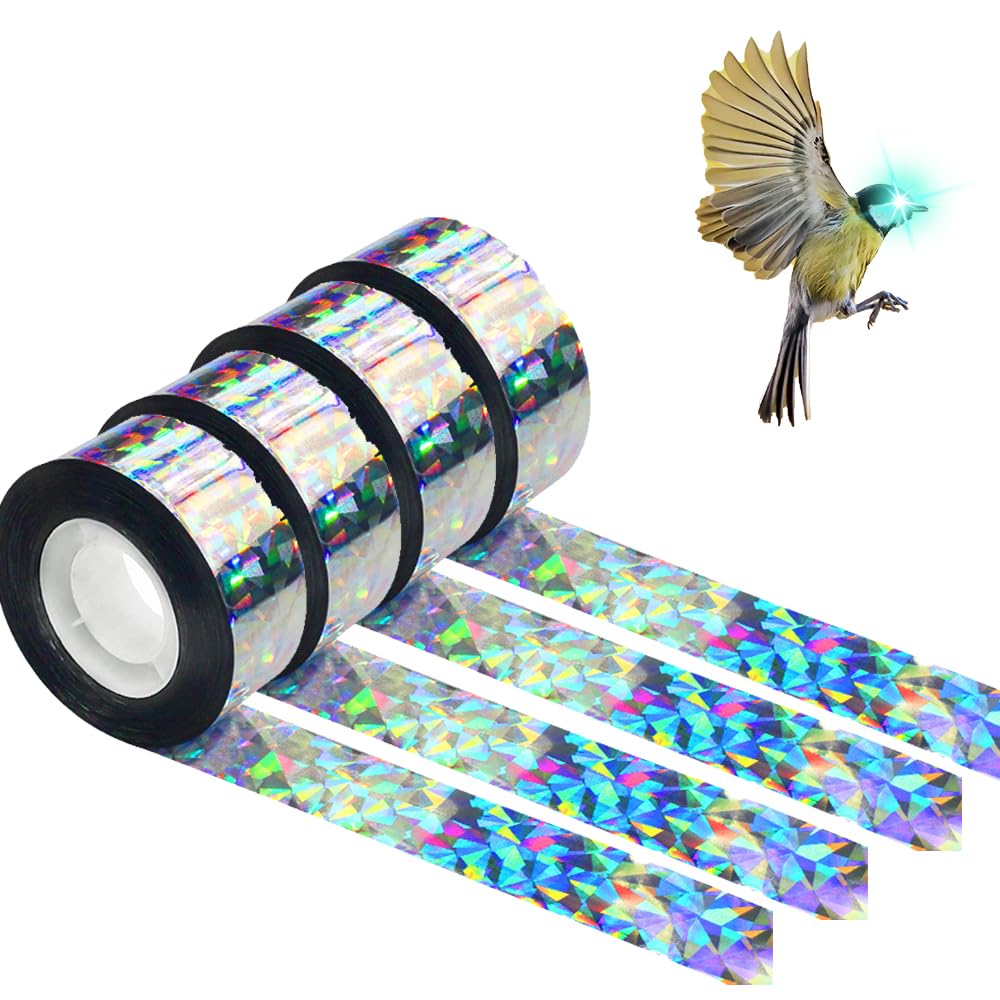 4 Pcs 1048ft Bird Repellent Devices Outdoor Bird Scare Tape Ribbon Hanging Reflective Bird Tape Ribbon Bird Deterrents for Outside Pigeon Deterrent Balcony for House Garden (4, Laser Silver Floral)