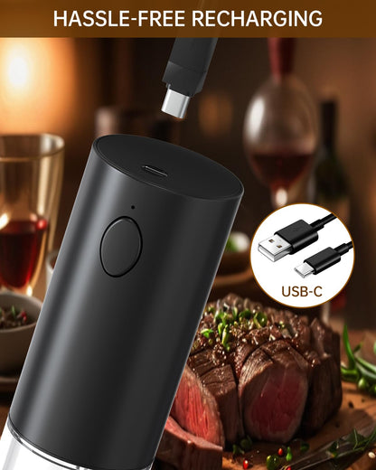 CIRCLE JOY Electric Black Pepper Grinder Rechargeable Pepper Mill Grinder with 6 Levels External Adjustable Coarseness, 95ml Large Capacity, White LED Light, USB Cable