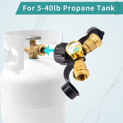 Bbcuepro Propane Tank Y Splitter Adapter with Gauge - 2 Way Propane Splitter - LP Gas Adapter Tee Connector for 20lb Propane Cylinder, BBQ Grill, Gas Burner, Camping Stove, Heater, RV Camper