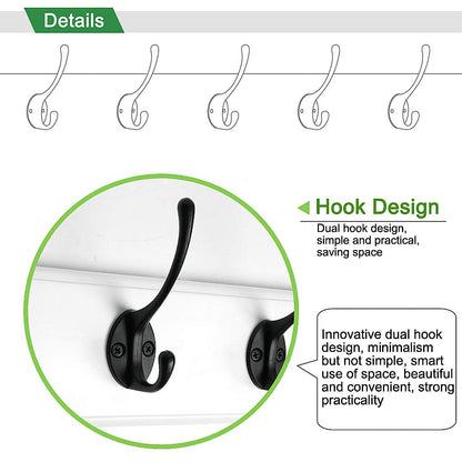 RUTAI Wall Mounted Coat Rack,Bamboo 17 inch Wall Hanging Shelf with 5 Black Dual Hooks for Hallway,Bathroom,Living Room,Bedroom,2 Pack,White