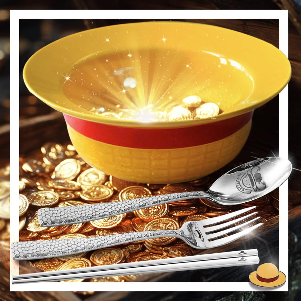 5 PCS Onepiece Anime LUFFYs Straw Hat Ceramic Bowl Set, 20 oz Anime Theme Merch Ramen Bowl + Captain Stainless Steel Fork & Spoon & Chopsticks + Enamel Pin + Exquisite Packaging Box