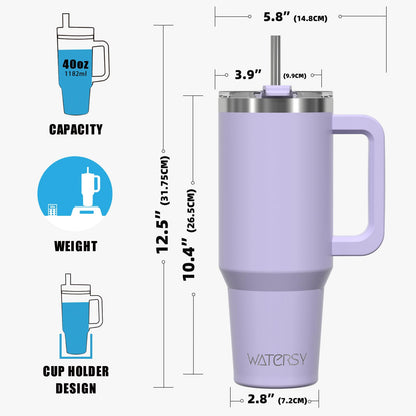 WATERSY 40 oz Tumbler with Handle,Tumbler with Lid and Straw,Double Wall Insulated Cup Stainless Steel Travel Mug(Cold for 34 Hours),Water Bottle for Iced Tea,Coffee,Cold Beverages(Purple)