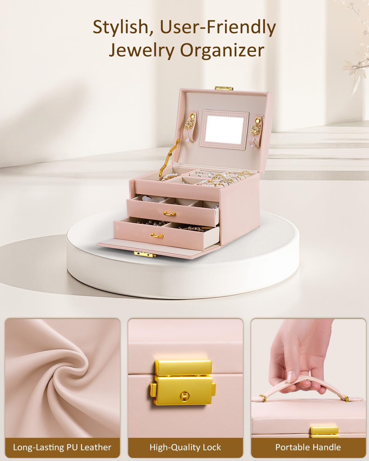 Lifcozy Jewelry Box for Girls Women, 3-Layer Jewelry Organizer with Mirror and Portable Handle, Small Jewellery Organizers for Young Women, Teenage Girl, 17.2 x 13.5 x 12.5 cm Pink