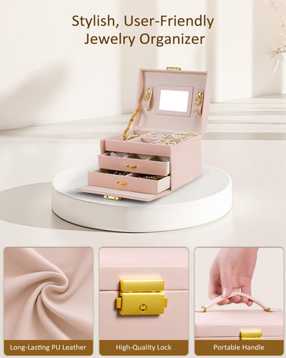 Lifcozy Jewelry Box for Girls Women, 3-Layer Jewelry Organizer with Mirror and Portable Handle, Small Jewellery Organizers for Young Women, Teenage Girl, 17.2 x 13.5 x 12.5 cm Pink