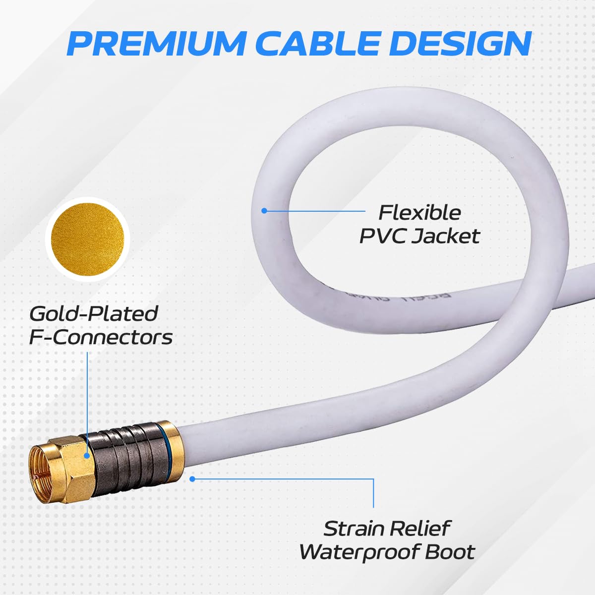 Cables Direct Online 50ft White Quad Shield RG6 Coaxial Cable, F Pin and BNC Extension Wire for Satellite Dish, Cable TV, Antenna - Digital HD 3GHz Coax Cord with Weatherproof Connectors