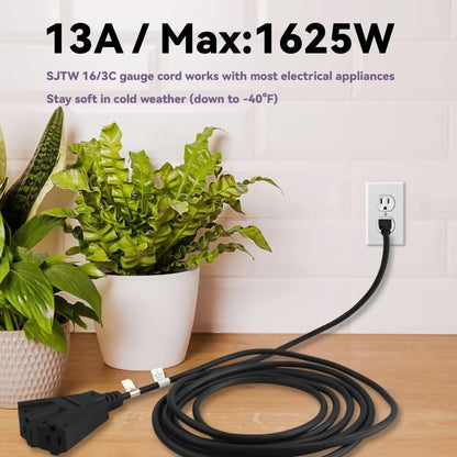 GREATIDE 25 Ft Outdoor Extension Cord with 3 Electrical Power Outlets - 16/3 SJTW Black Cable with 3 Prong Grounded Plug