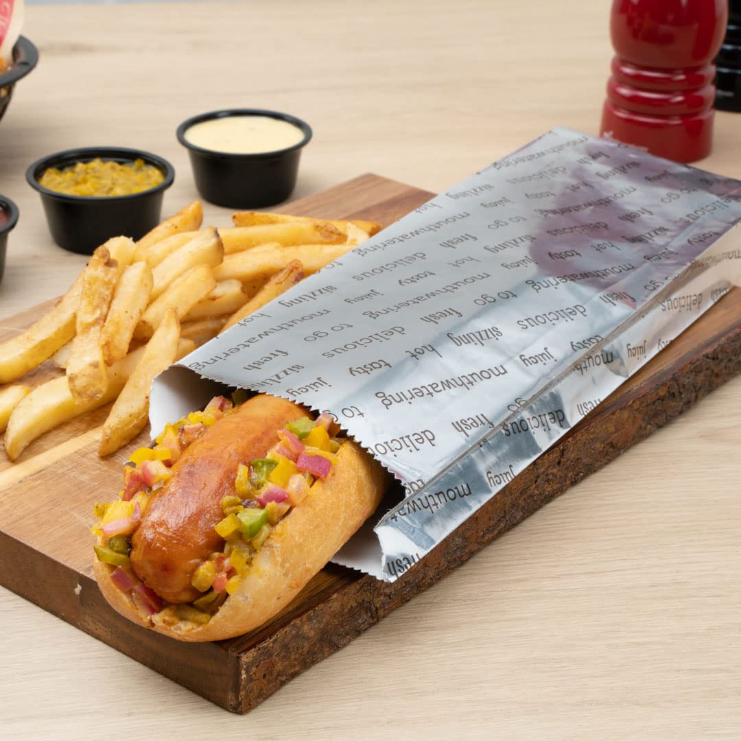 Restaurantware-Bag Tek 3.7 x 1.2 x 12 Inch Hot Dog Bags, 100 Large Hot Dog Wrappers - Greaseproof, Freezer-Safe, Printed Foil Accessories, Heat-Resistant, Non-Vented