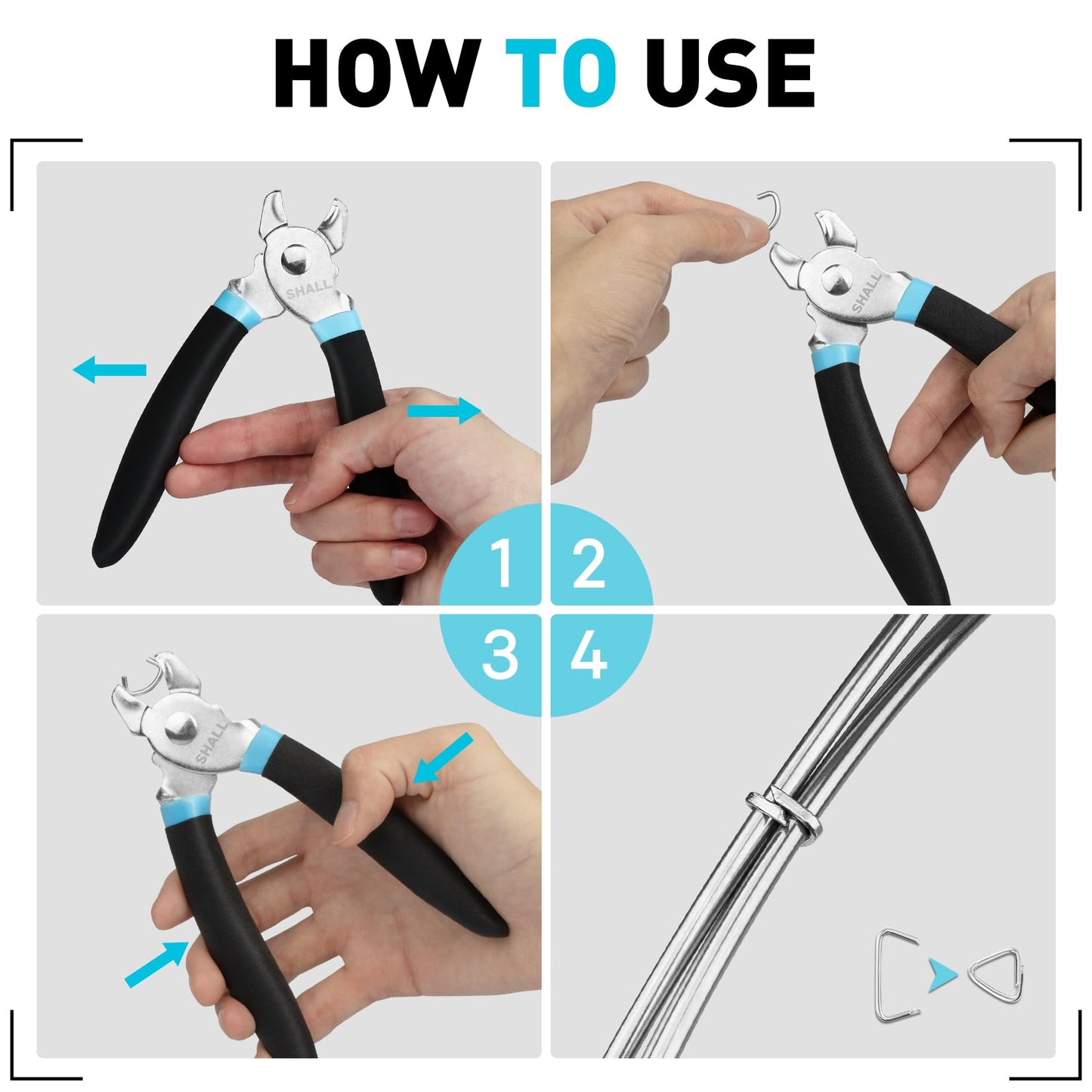 SHALL Hog Ring Pliers Kit with 600pcs Galvanized Hog Rings (3/8’’, 1/2’’, 3/4’’) for Upholstery, Fence, Animal Pet Cages, Bungee Cords, Bagging, Protective Gloves, Storage Case & Bag Included