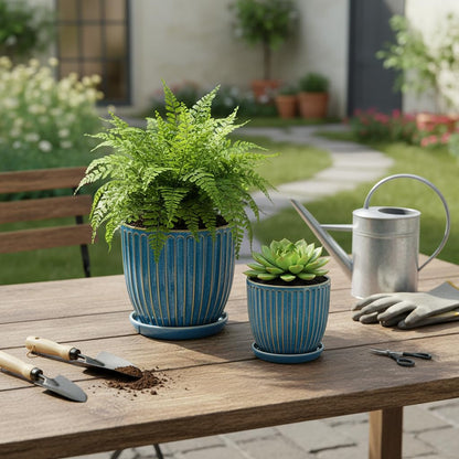 6 Inch Ceramic Plant Pots with Drain Hole & Saucer, Ceramic Pots for Indoor Plants - Succulent, Snake Plant, Money Tree, Aloe Vera, Basil Planter（Glaze Blue）