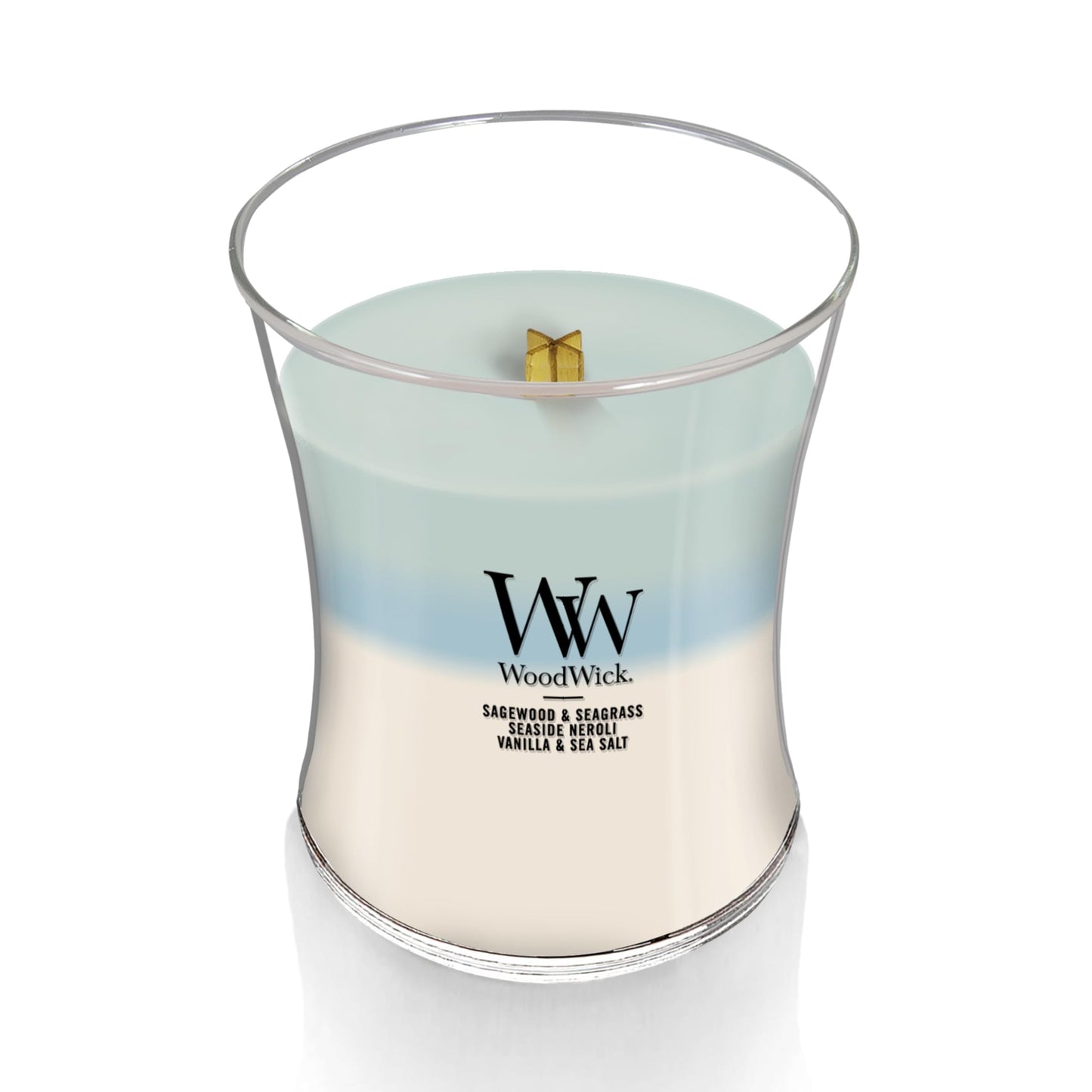 WoodWick Oceanic Scented Trilogy Medium Hourglass Candle, Crackles at it Burns, Perfect for Gifting, 9.7oz