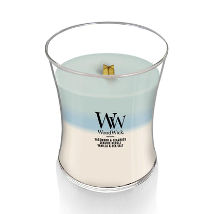 WoodWick Oceanic Scented Trilogy Medium Hourglass Candle, Crackles at it Burns, Perfect for Gifting, 9.7oz
