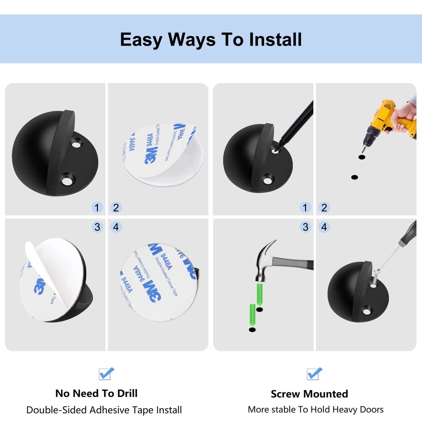 8 Pack Door Stoppers Self Adhesive Floor Mounted Door Stops No Drill Rubber Bumper, Stainless Steel Doorstop for Living Room, Bedroom, Bathroom, Office