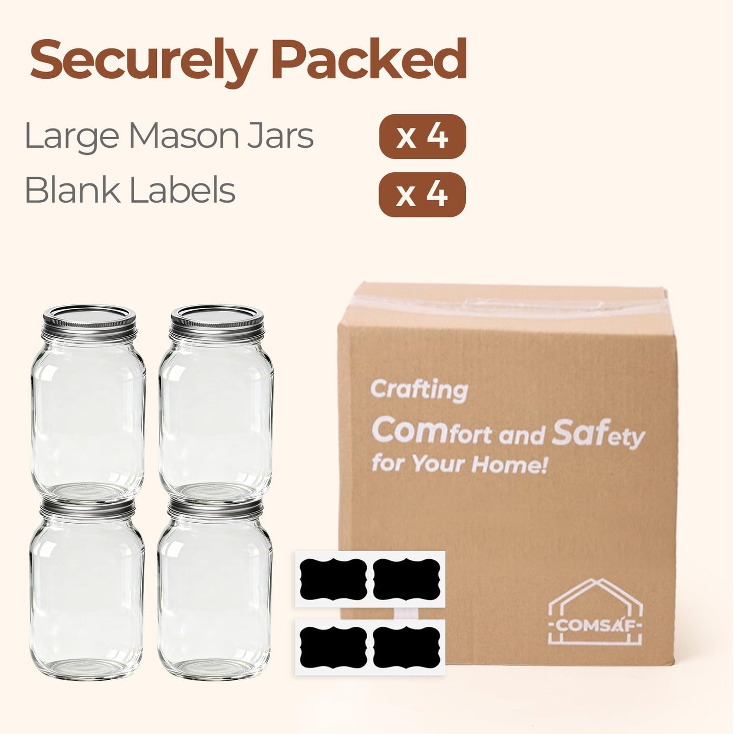 ComSaf Mason Jars 32 oz - 4 Pack, Wide Mouth Mason Containers with Lids, Prep Meal Glass Jars, Canning Jars for Pickling, Suntea, Salad, Honey, Desert, Shower Wedding Favors, DIY Candles Decor