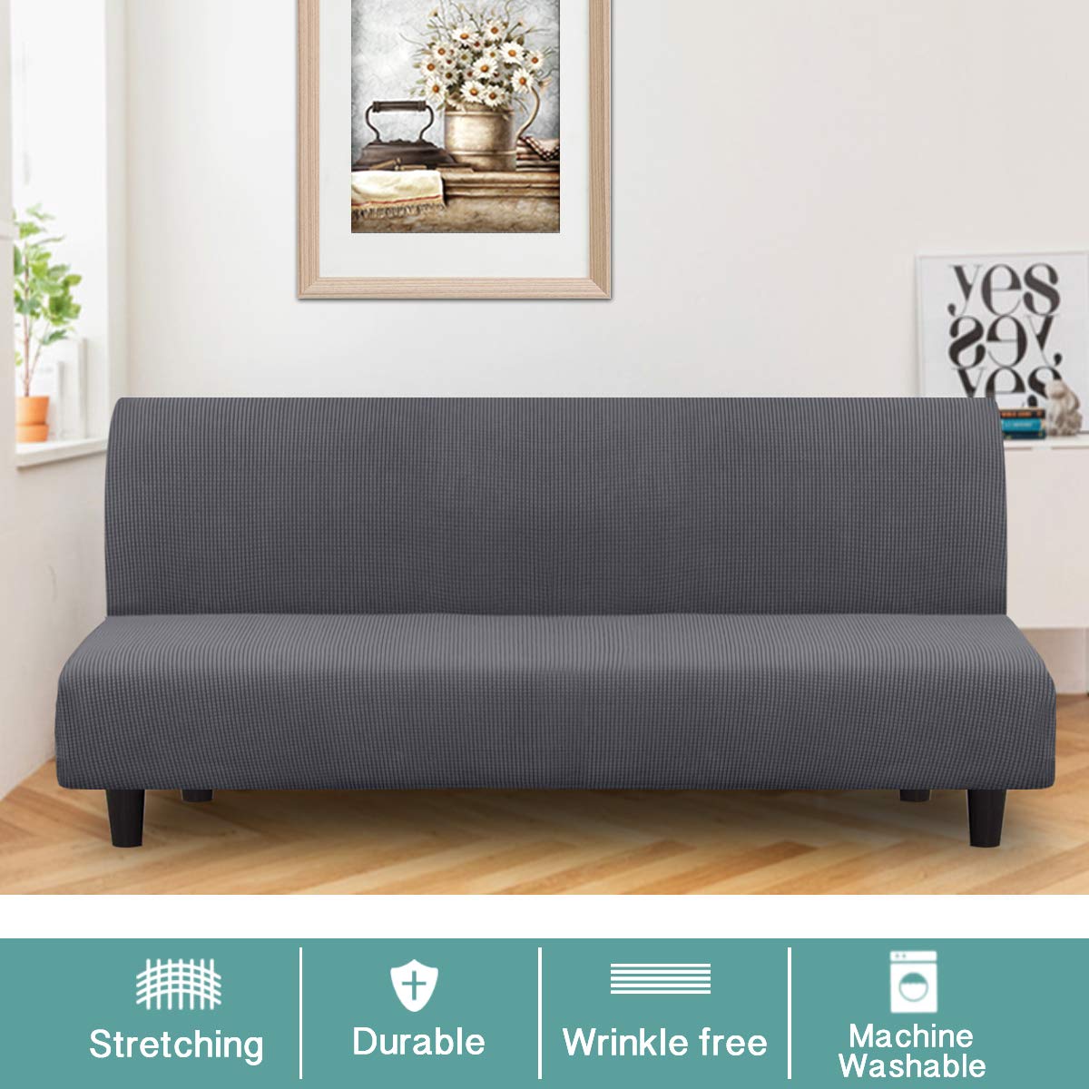 Turquoize Futon Cover Stretch Armless Sofa Slipcover Spandex Non Slip Soft Couch Sofa Cover Without Arms Futon Slipcovers for Living Room Furniture Protector with Elastic Bottom, Charcoal Gray