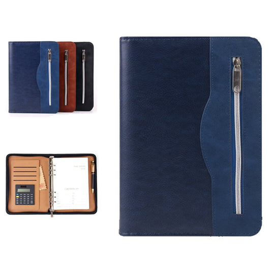SAYEEC Journal Binder Leather Portfolio Notebook Executive Conference Folder Travel Business Portfolio with Calculator Zipped Notebook Organizer Loose Leaf Refillable Lined Paper Gift for Man Women (Blue With Calculator)