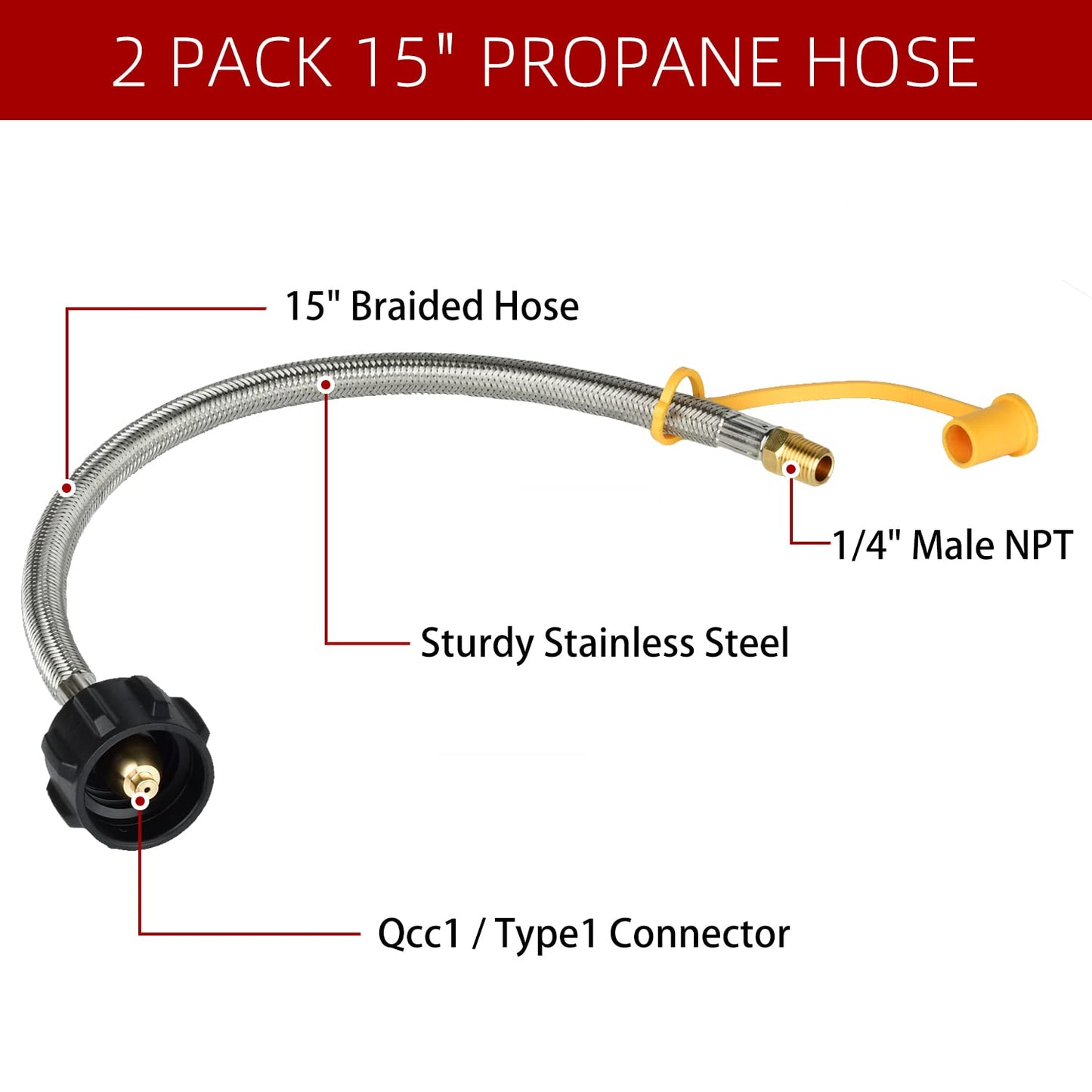 2 Pack 15" RV Propane Pigtail Hose, Stainless Steel 1/4" Male NPT Braided RV Propane Hose for Standard 2-Stage Gas Regulator with Teflon Tape