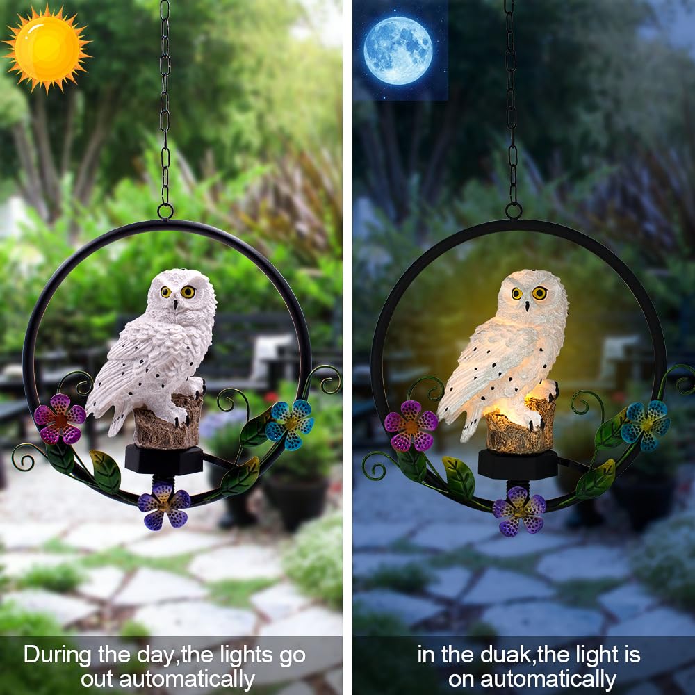 Solar Powered Garden Owl Statue Owl Gifts for Owl Lovers Waterproof Hanging Solar for Outdoor Decorative Unique Gifts for Lawn Yard Balcony