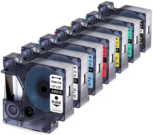 Anycolor Replacement for Dymo D1 Label Maker Refills 40513 45010 45016 45017 45018 45019 45021 Compatible with Dymo LabelManager 160 280 360D PnP 420P 220P 450 210D, 12mm x 7m (1/2'' x 23ft), 7 Packs
