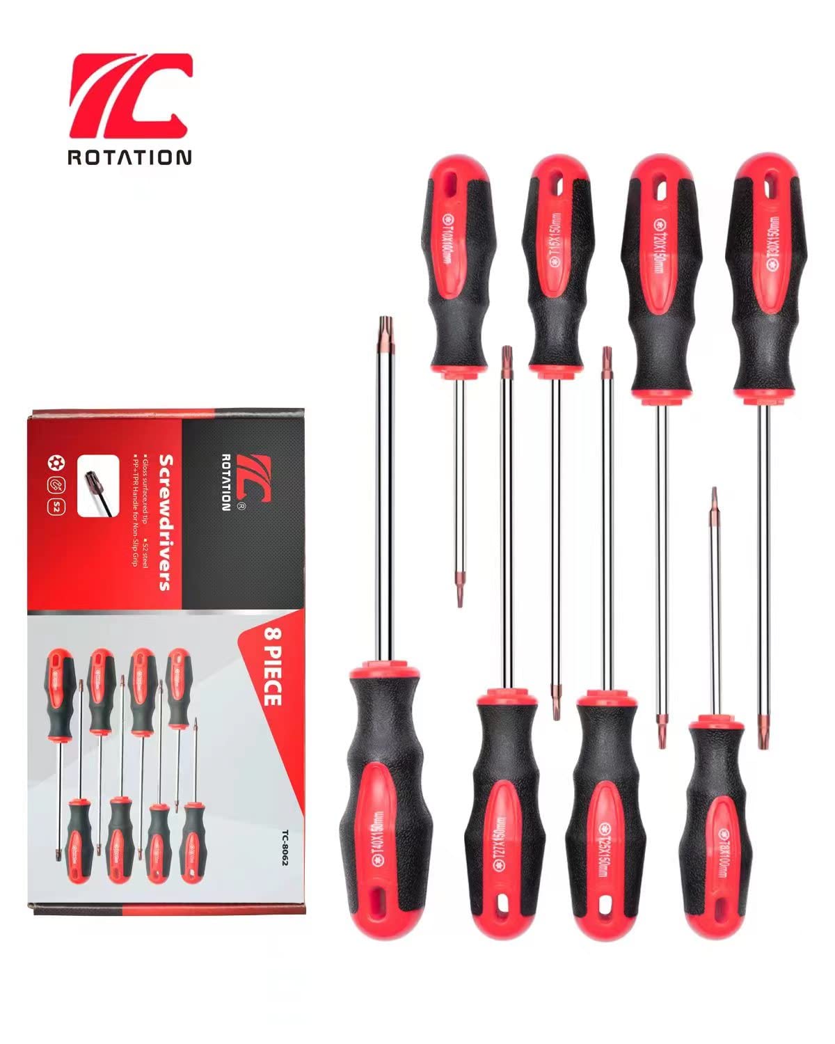 ROTATION 8PCS Magnetic Tip Torx Screwdriver Set, 8 Torx Star Screwdrivers, T8, T10, T15, T20, T25, T27, T30, T40 Red Tip | Red, Gloss, S2 Steel