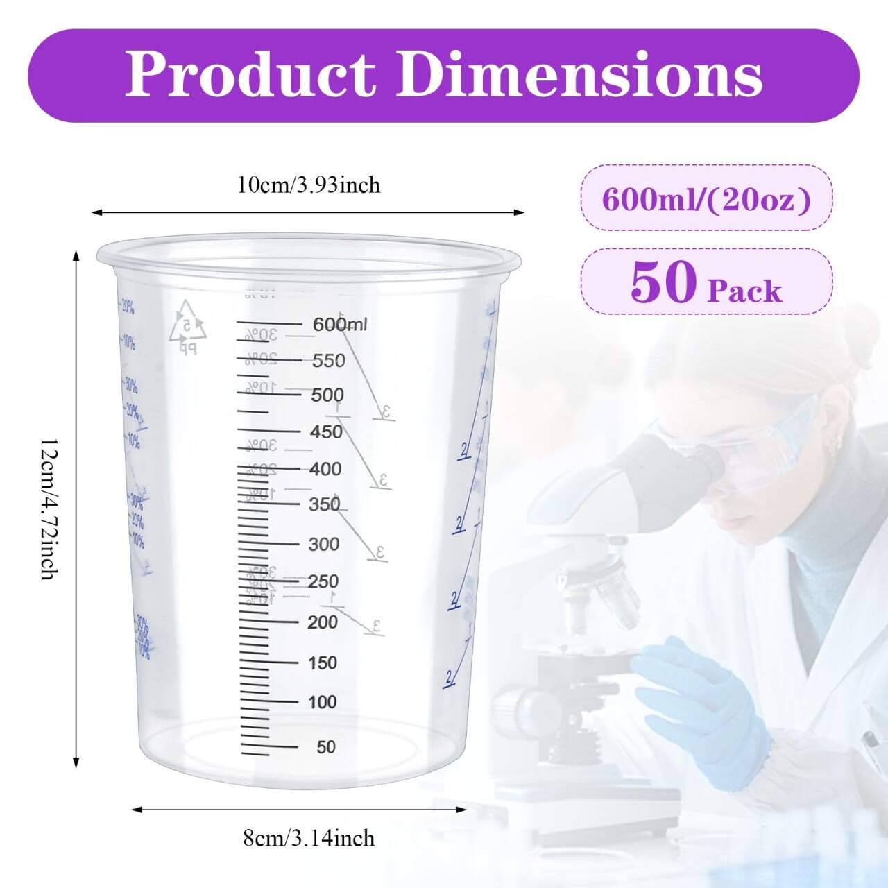 Worldity 50 Pack 600 ML Plastic Measuring Cup, Disposable Graduated Cups, Clear Paint Mixing Cups for Resin Paint, Epoxy, Thinner, Baking (20 Oz)