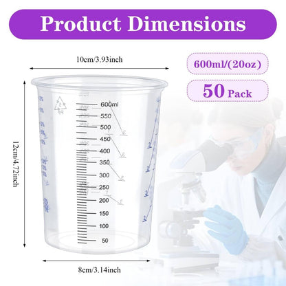 Worldity 50 Pack 600 ML Plastic Measuring Cup, Disposable Graduated Cups, Clear Paint Mixing Cups for Resin Paint, Epoxy, Thinner, Baking (20 Oz)