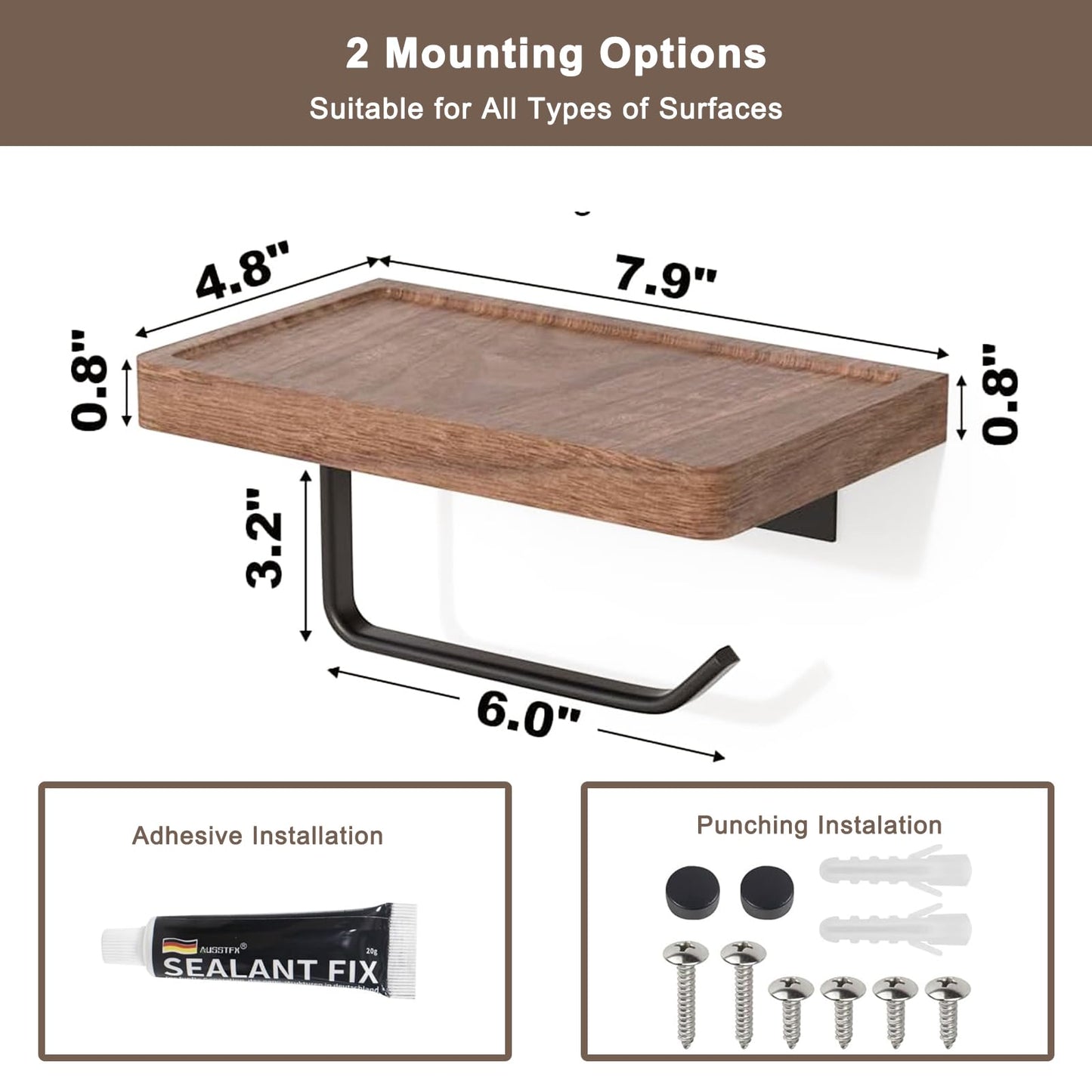 AISHEDYER Toilet Paper Holder with Shelf - Wall Mount & Self-Adhesive Bathroom Tissue Roll Holder, Black Stainless Steel with Walnut Shelf for Phone - Home Apartment Hotel Restroom Decor Essentials