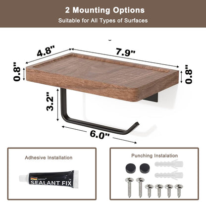 AISHEDYER Toilet Paper Holder with Shelf - Wall Mount & Self-Adhesive Bathroom Tissue Roll Holder, Black Stainless Steel with Walnut Shelf for Phone - Home Apartment Hotel Restroom Decor Essentials