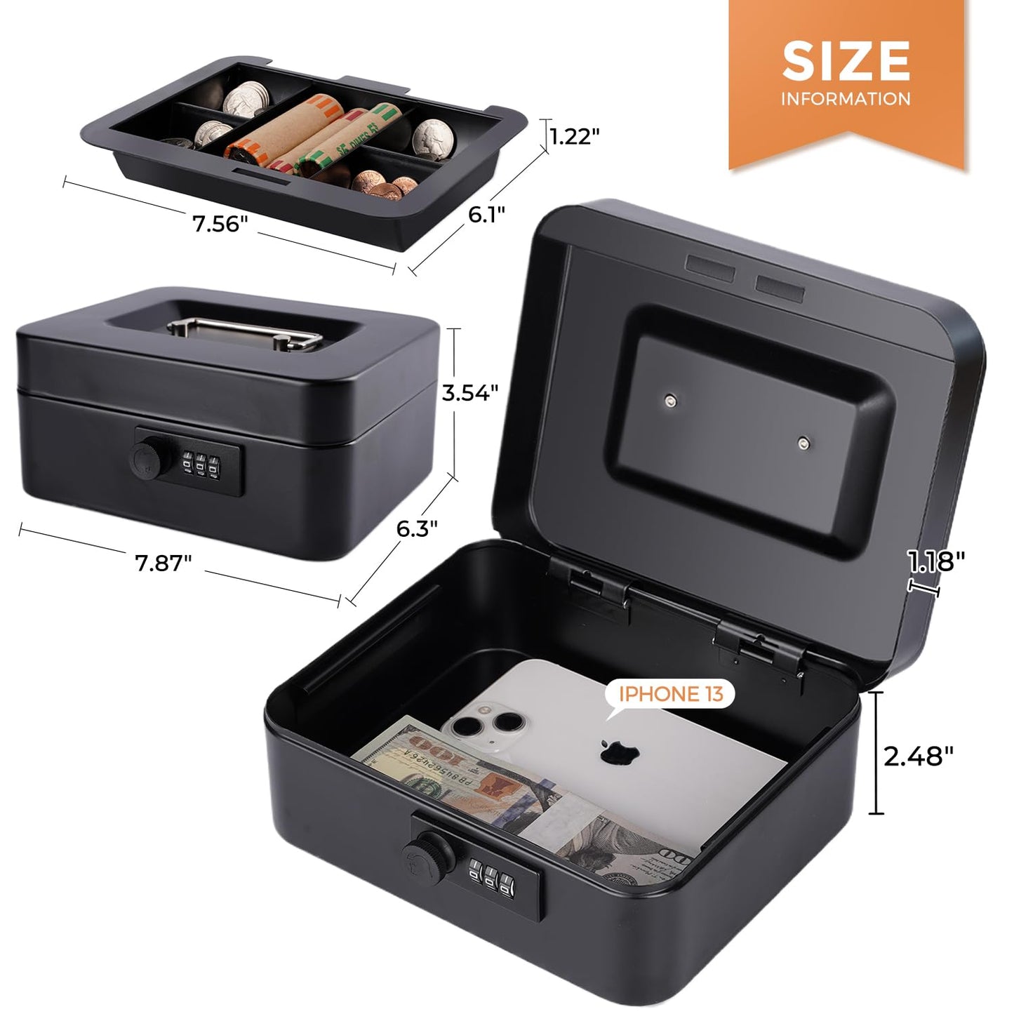 Cash Box with Combination Lock and Money Tray - Metal Money Box for Cash - Lock Box for Money 7.87" x 6.3" x 3.54" - Black