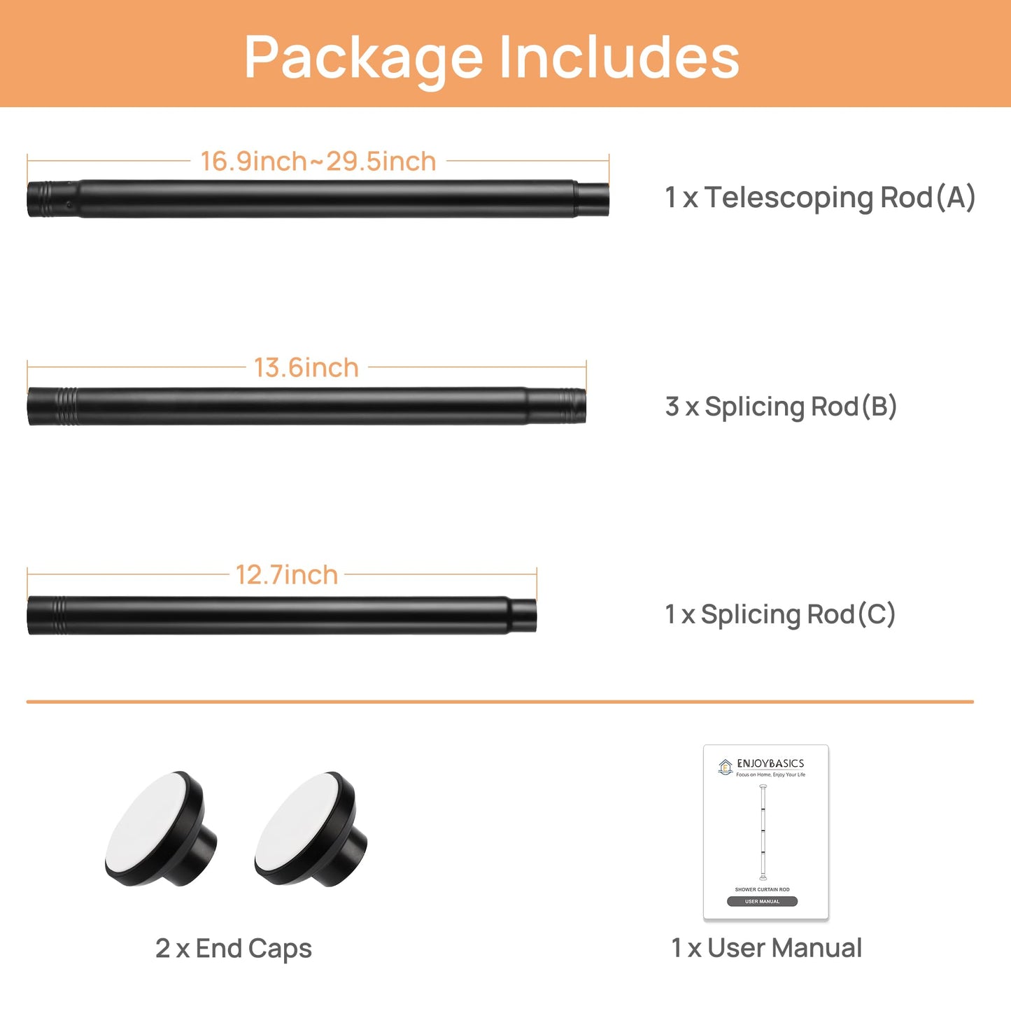 upsimples Matte Black Shower Curtain Rod No Drilling 30 to 76 Inches, 1 Inch Adjustable Spring Stainless Steel Tension Shower Rod No Drill Curtain Pole for Bathroom, Closet, Window