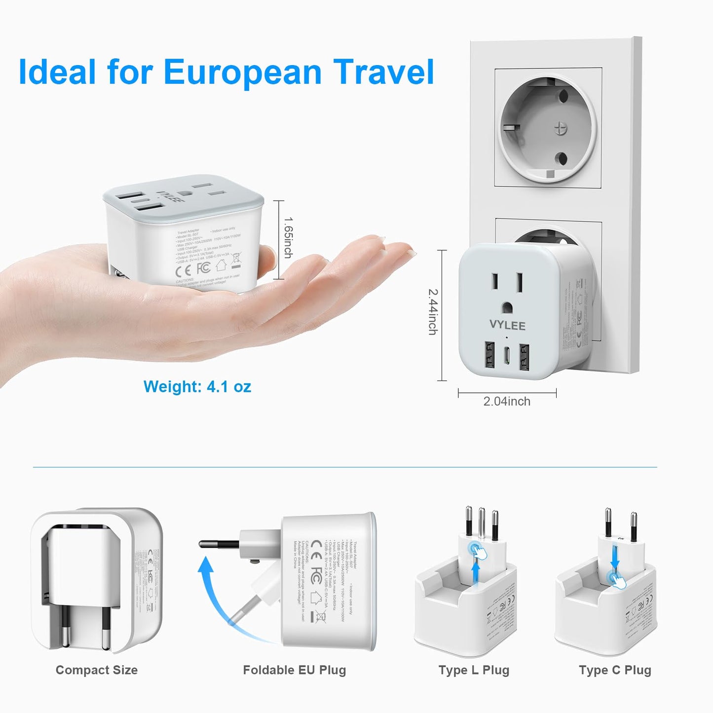 2 Pack European Travel Plug Adapter, VYLEE Foldable Travel Adapter with 3 USB (1 USB C Port) and 1 AC Outlets Charger for Canada to Most of Europe - EU France Germany Spain Italy