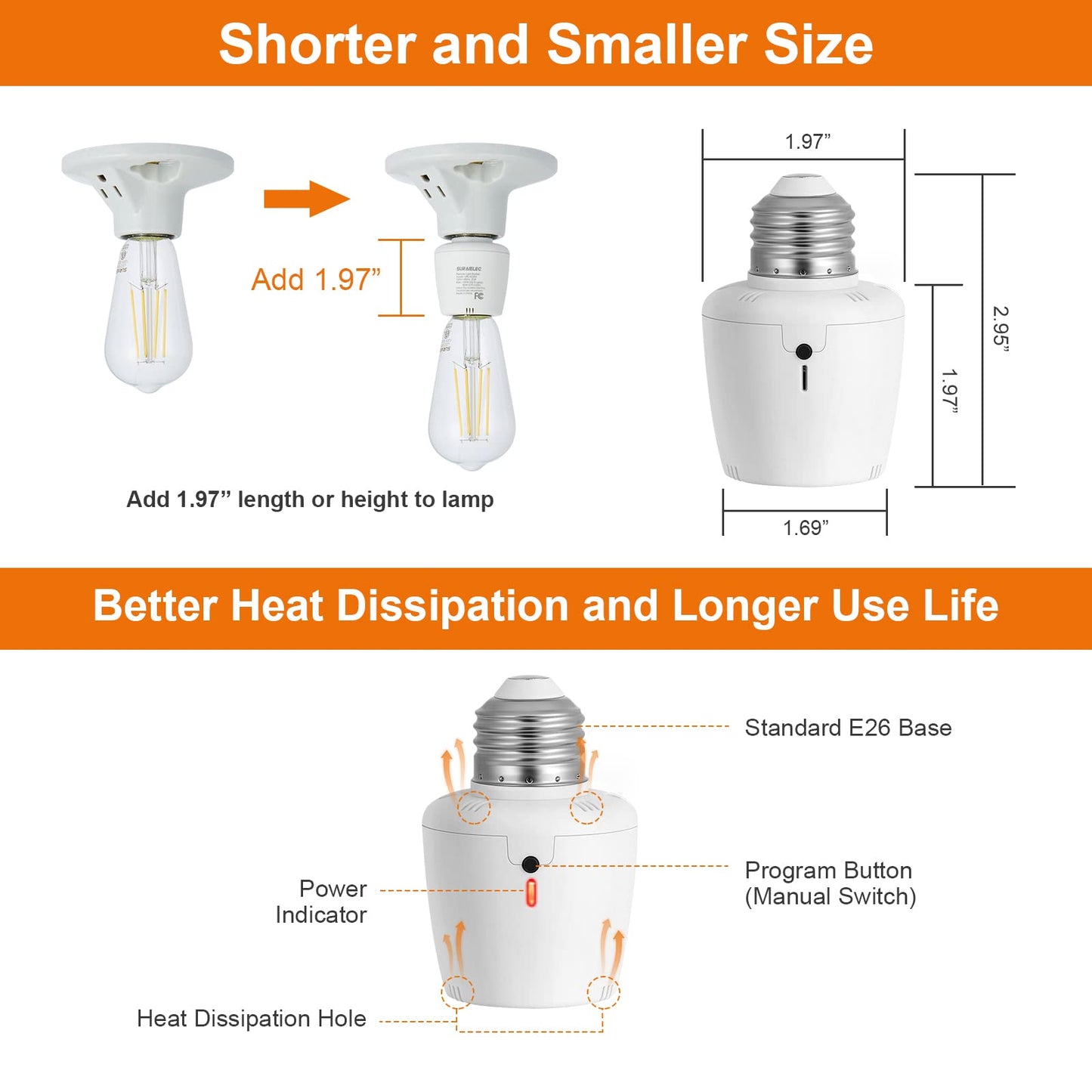 Suraielec Remote Control Light Bulb Socket, Wall Mount Switch, E26 E27 Lamp Socket, No Wiring, 100FT Range, Wireless Light Switch for Lamps, Pull Chain Light Fixture, Pull String (Shorter Version)