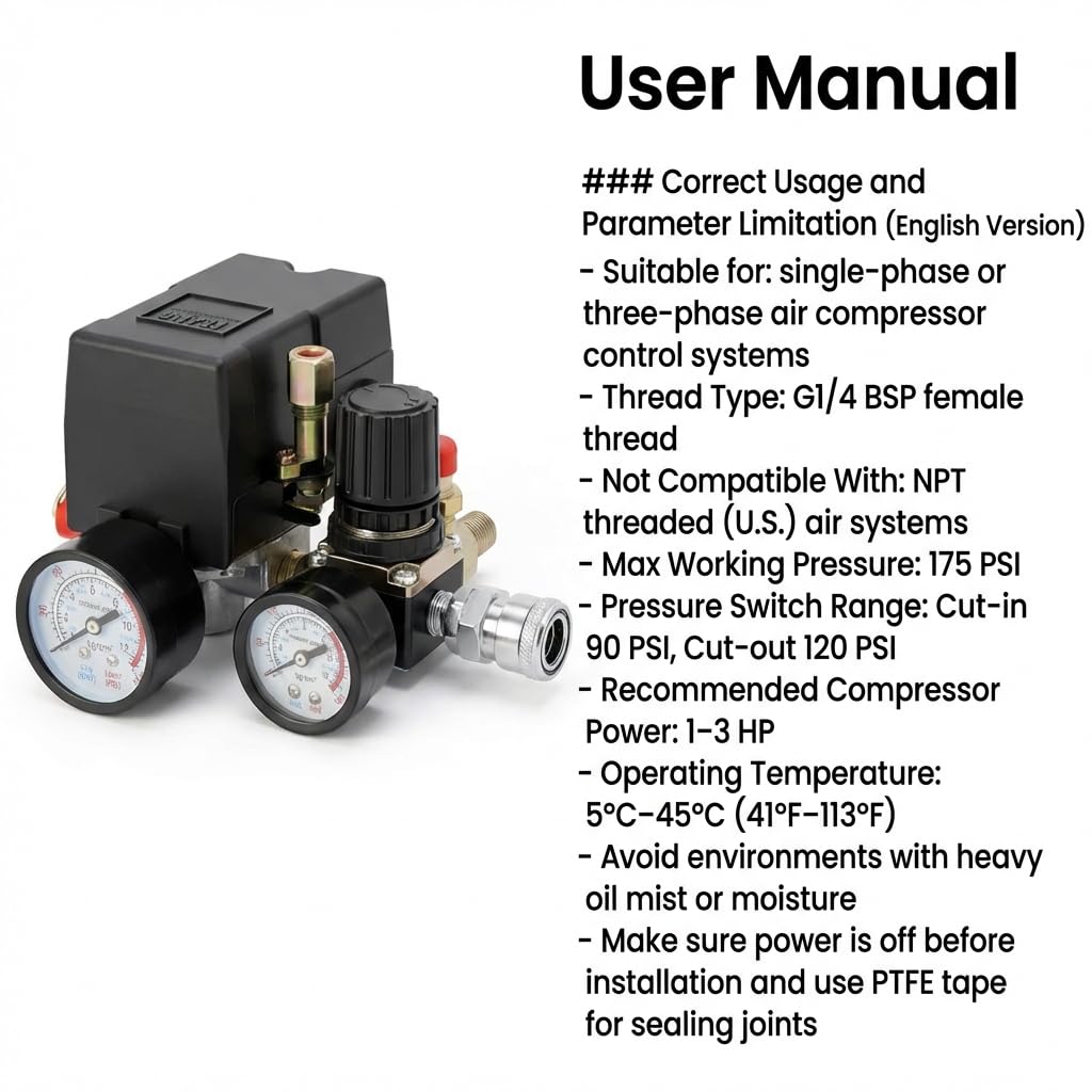 QWORK Air Compressor Pressure Switch Control Valve, 90-120PSI Pressure Regulator with Pressure Gauges Fittings Set