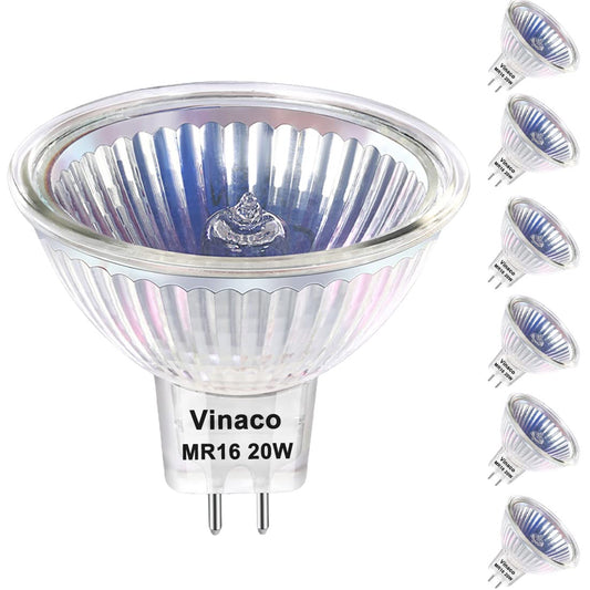 Vinaco MR16 Bulb, 6 Pack MR16 Halogen Bulb 20W 12V, Long Lifespan 3000Hrs MR16 12V 20W GU5.3 Base, 2800K Warm White MR 16 Dimmable with Clear Glass Cover, M R16 GU5.3 for Landscape, Track Lights