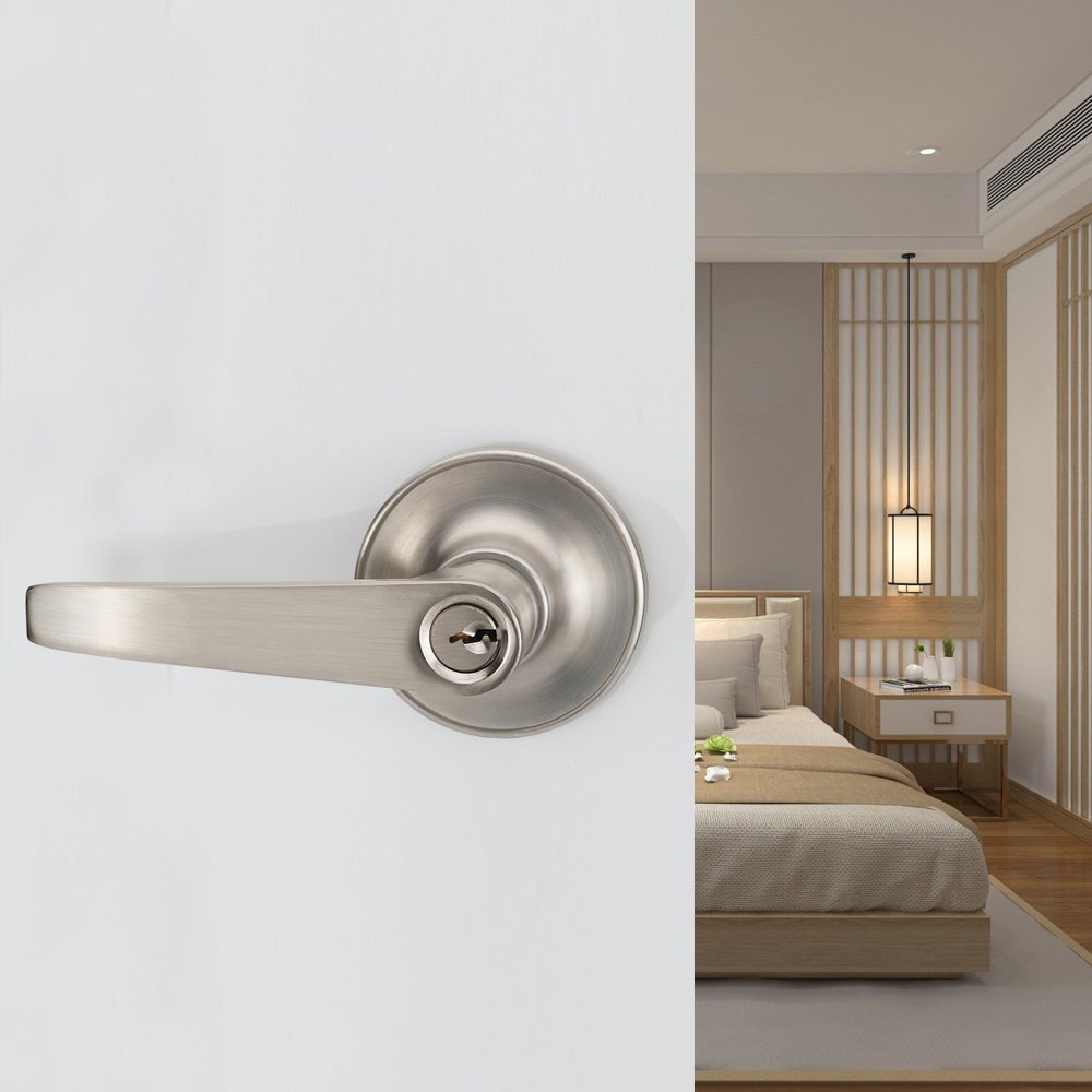 1 Pack of MANREN Lever Keyed Entry Door Lever Handle Lock, Universal Door Knob Hardware,Nickel Brushed Color (MR802-CA)