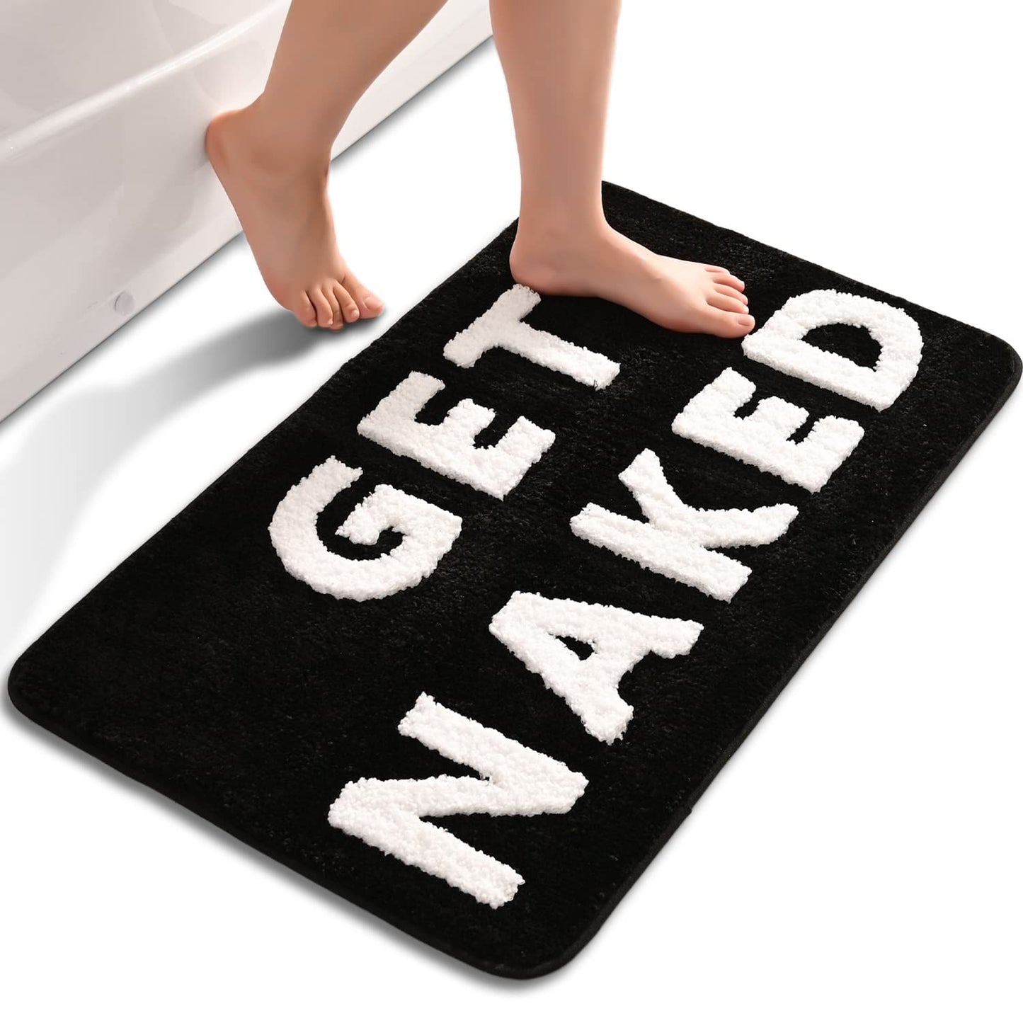 QJHOMO Get Naked Bath Mat Cute Black and White Bathroom Rugs Funny Non Slip Bathtub Decor Mats Super Absorbent Floor Carpet Machine Washable Bahtmat for Tub, Shower, Bedroom (16x24 inch)